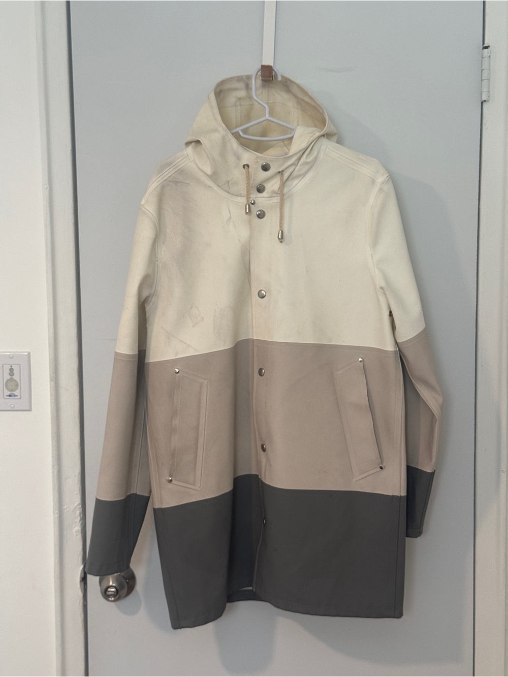 Stutterheim Colorblock Hooded Rain Coat in Cream, Tan & Gray